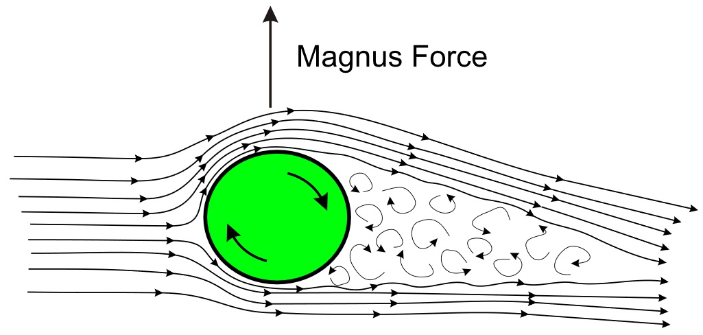 Fig. 2 (Click to enlarge). Spinning cylinder or ball in an air stream. The curly flow lines represent a turbulent wake. The air flow has been deflected in the direction of the ball's spin, and a lifting Magnus force results. (Wikipedia)