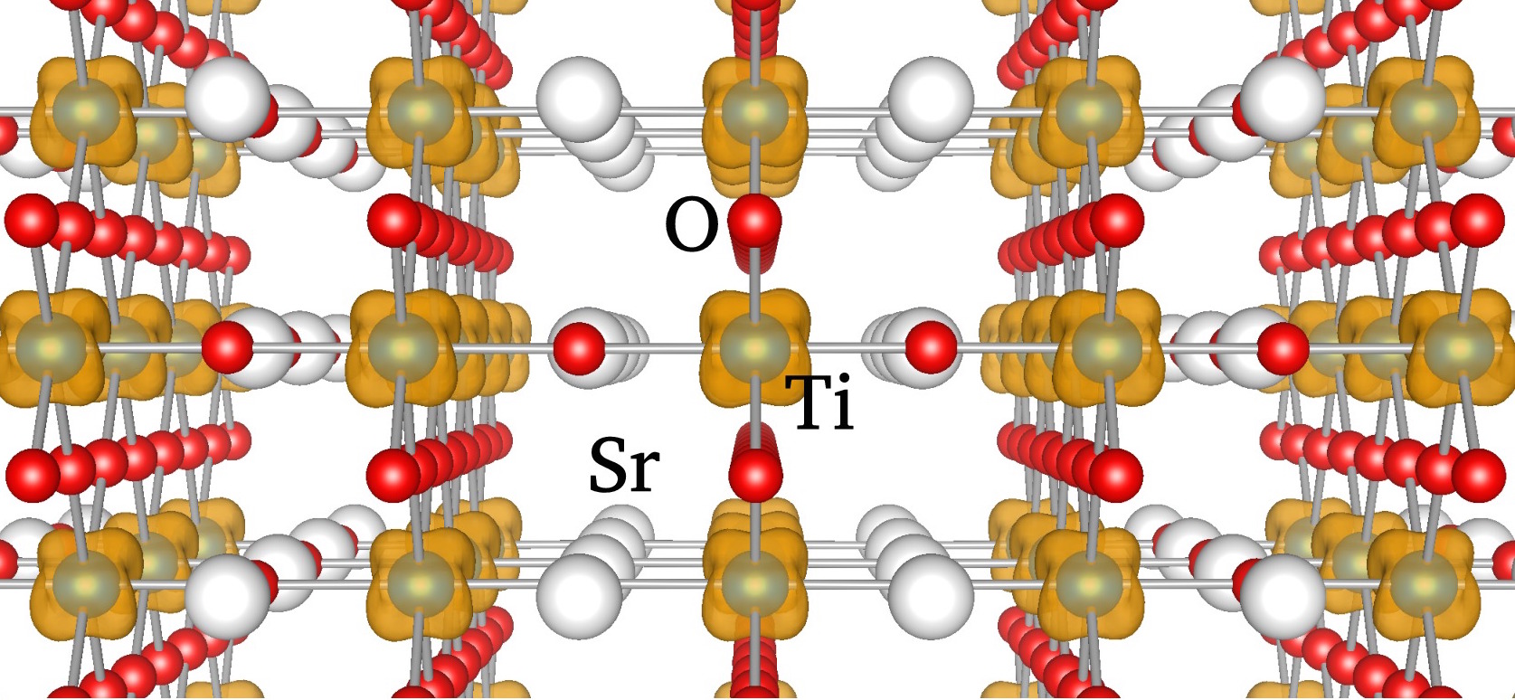 Fig. 1 (Click to enlarge). This figure shows the arrangement of conduction electrons (orange) in SrTiO3 at an electron density of ¼ electron per Ti atom (or one electron for every four Ti atoms). The electrons spread out evenly in the material, allowing for electrical conduction.  (Lars Bjaalie)

