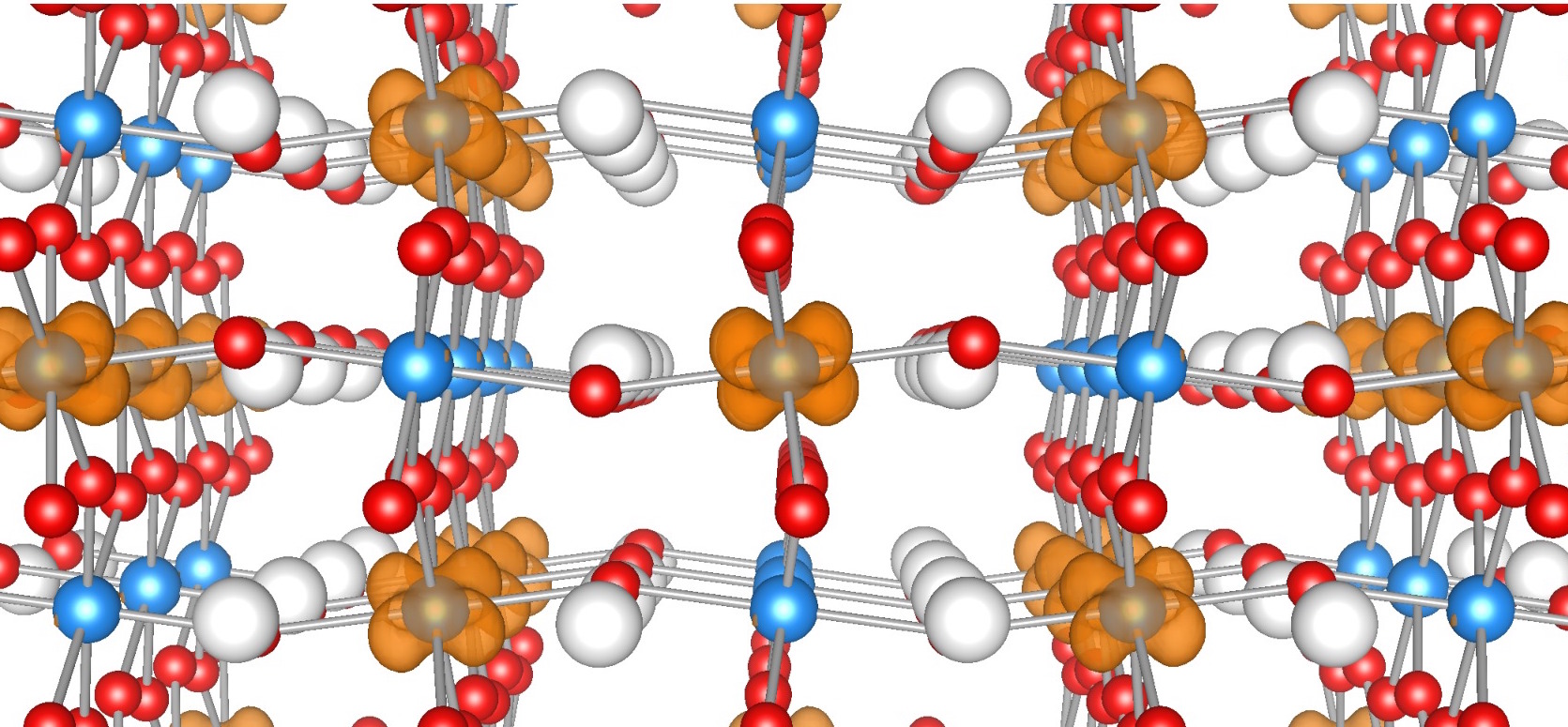 Fig. 2 (Click to enlarge). When the electron density in the SrTiO3 lattice is increased to ½ electron per Ti atom (one electron for every two Ti atoms), the atoms distort and the electrons localize on every other Ti atom, turning the material into an insulator.  (Lars Bjaalie) 

