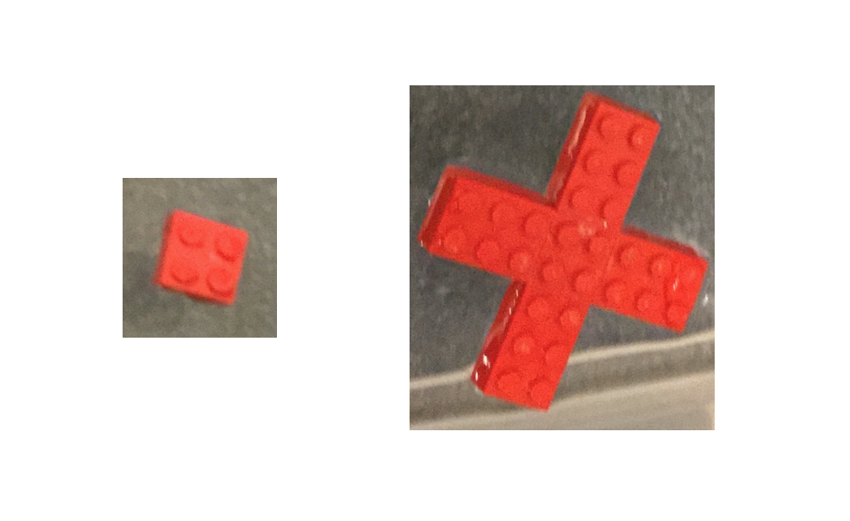 2x2 Lego brick (left) with four 2x3 Lego bricks affixed (right).