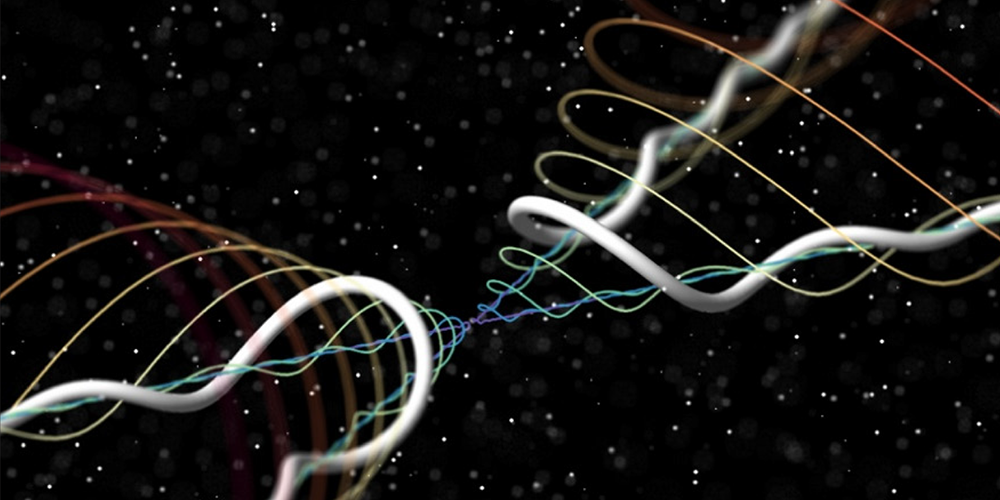 Artist’s rendition of helical waves produced when two quantum vortices collide. The collision is at the central point of the image. (Credit: Enrico Fonda)
