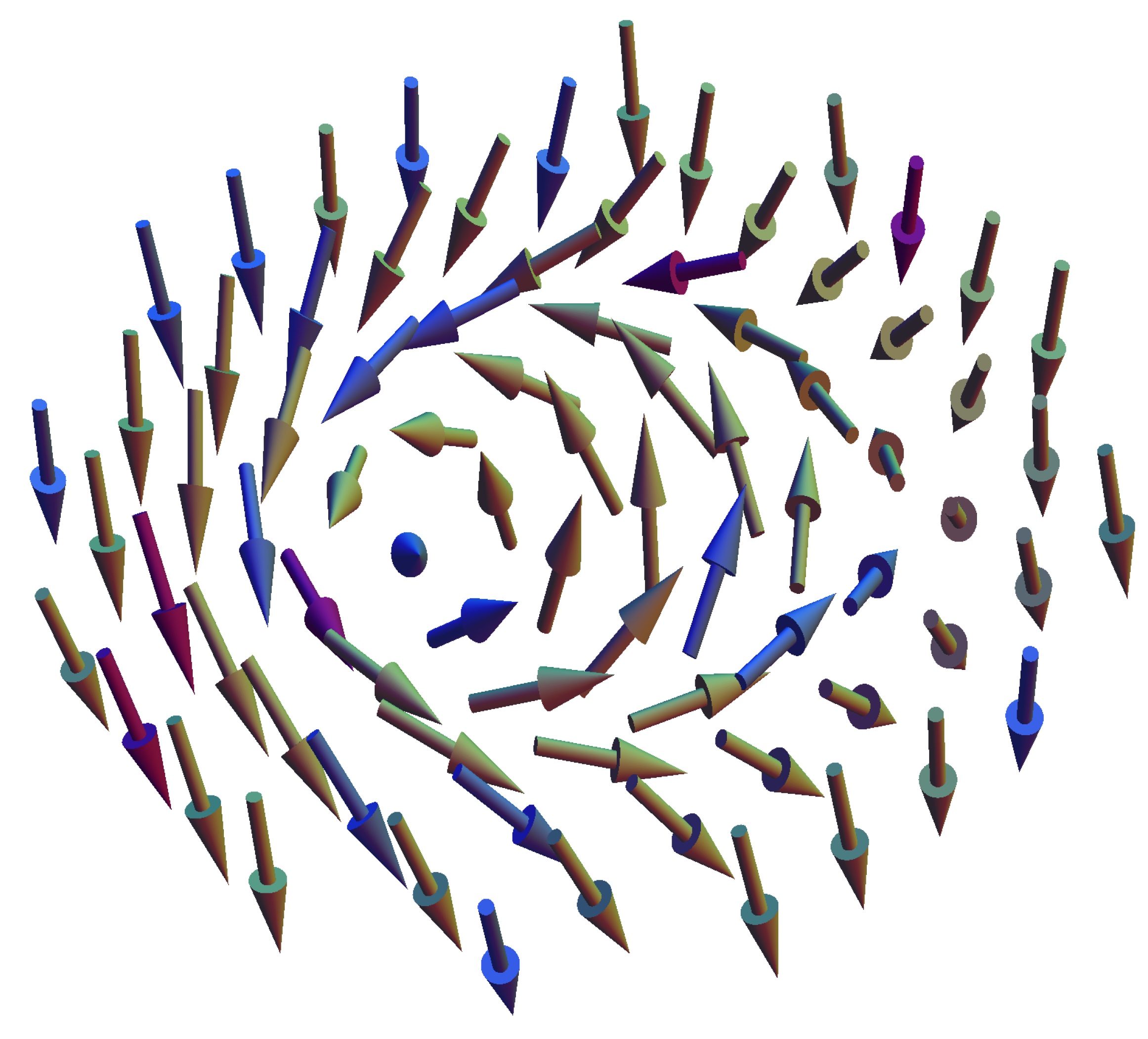 Fig. 1 (Click to enlarge). A magnetic skyrmion occurs when the direction of magnetization in a magnetic field forms a vortex-like pattern, as shown here.