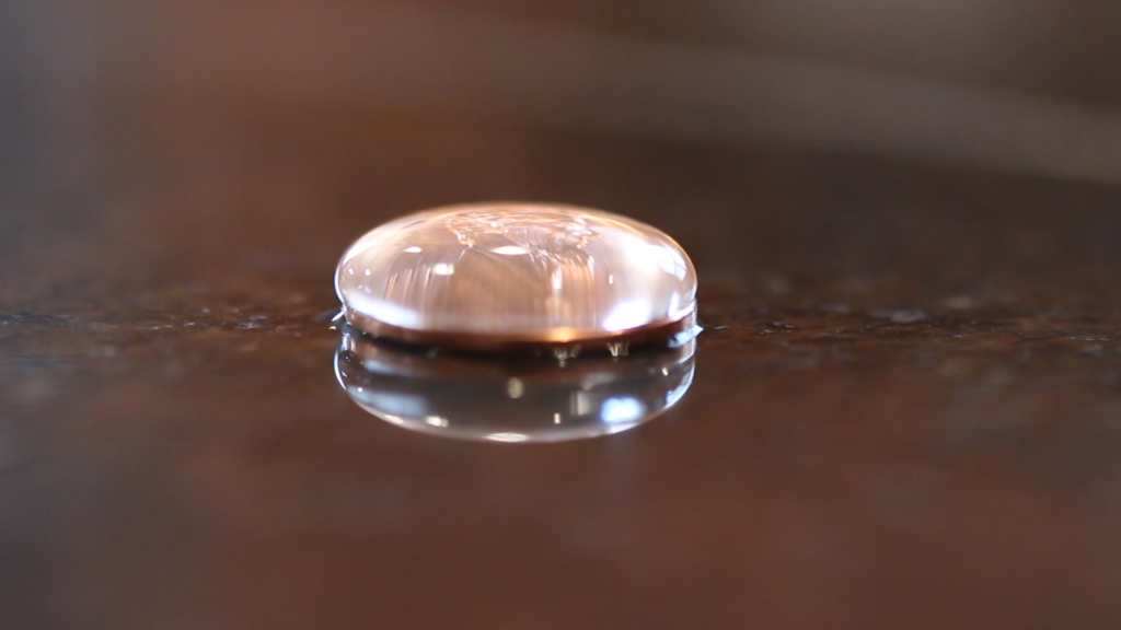 Water droplets atop a coin form a flattened spherical shape due to surface tension. Photo by Nicole Sharp.