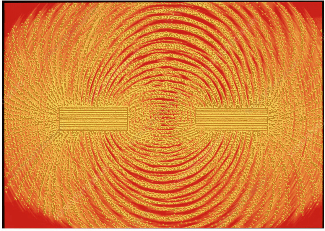 Fig. 4 (Click to enlarge). The magnetic field of two bar magnets. Note that, as  the distance from the magnets increases, the magnetic field gets weaker. 