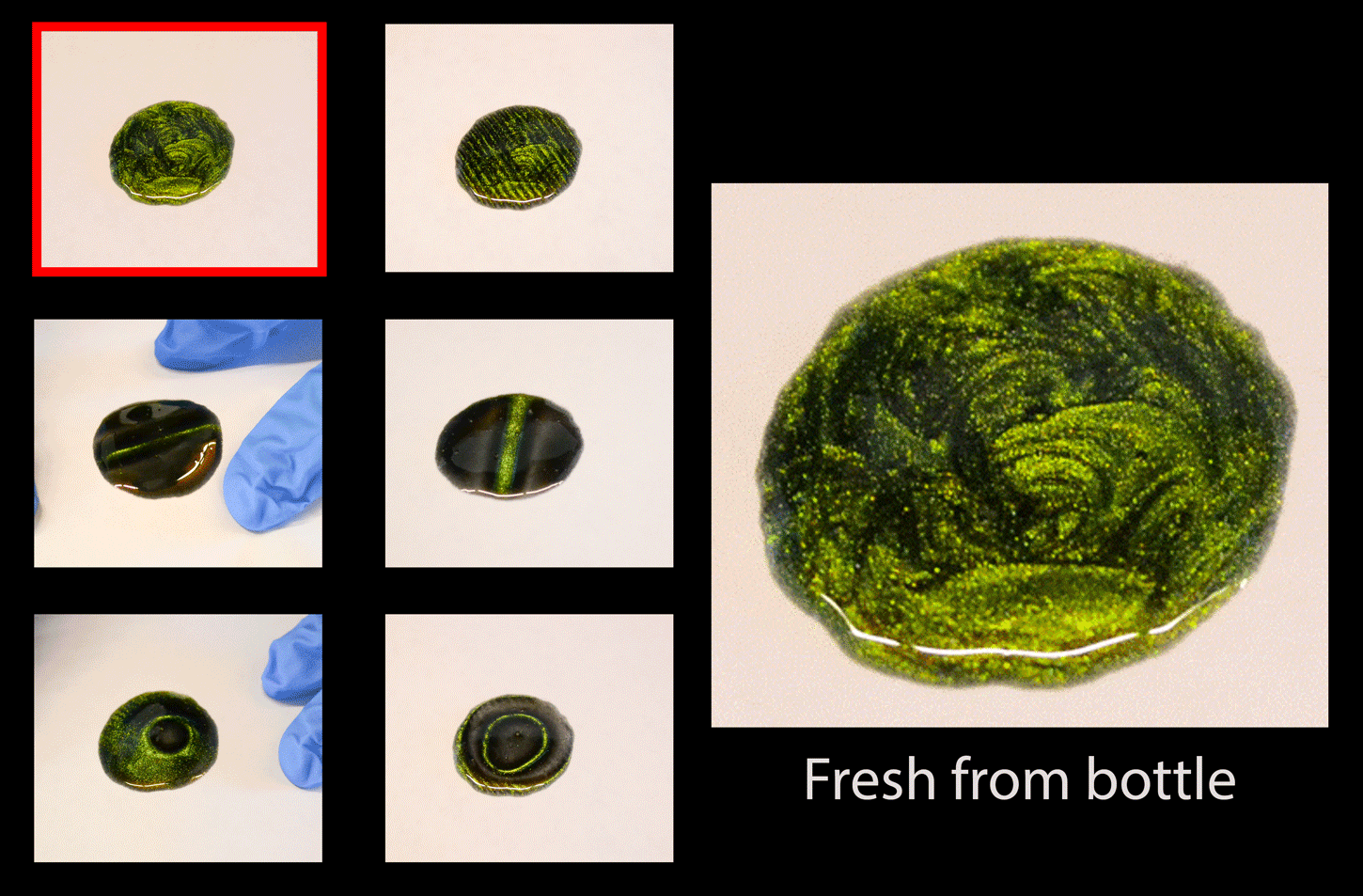 Fig. 3 (Click to enlarge). These images show the appearance of the nail polish (left to right) fresh out of the bottle, and with patterns made using a fridge magnet, a rectangular magnet, and a disc magnet, respectively.
